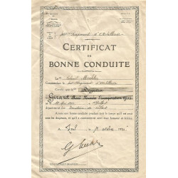 Certificat de Bonne Conduite 403ème Régiment d'Artillerie - Belfort / Toul