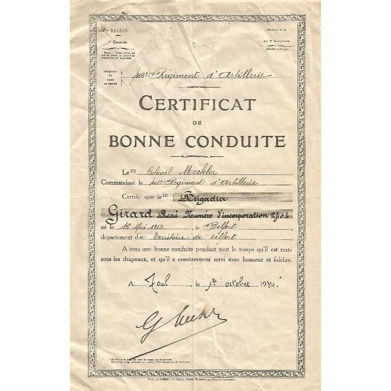 Certificat de Bonne Conduite 403ème Régiment d'Artillerie - Belfort / Toul