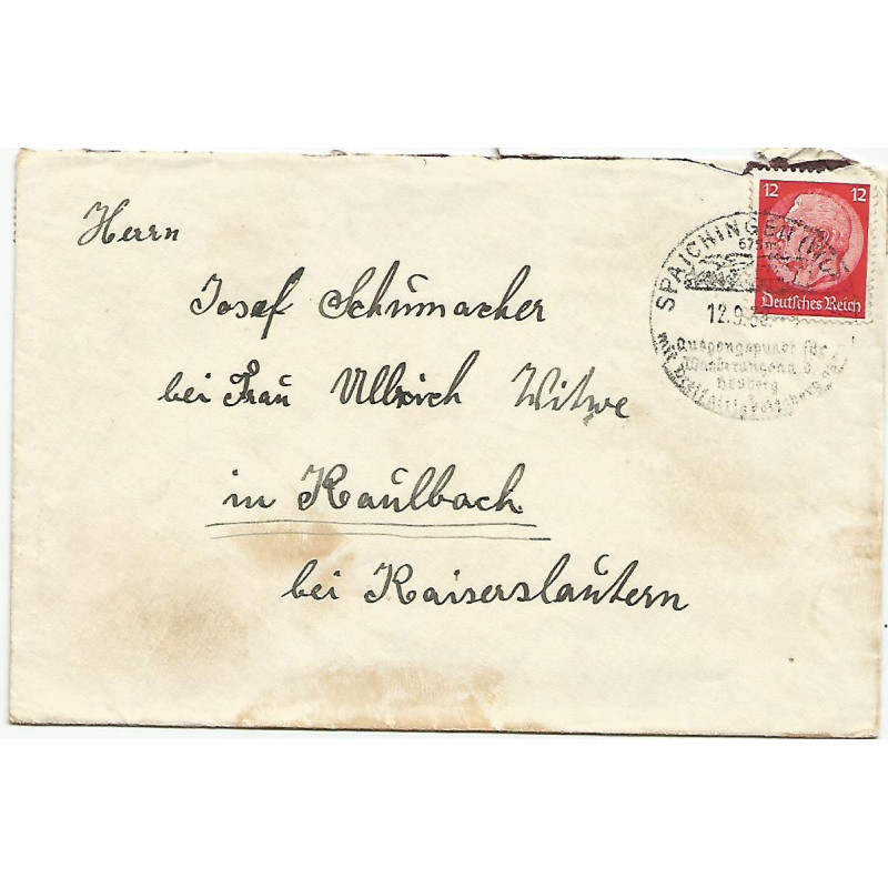 Timbre poste 12 reichsmark Von Hindenbourg sur enveloppe (2)