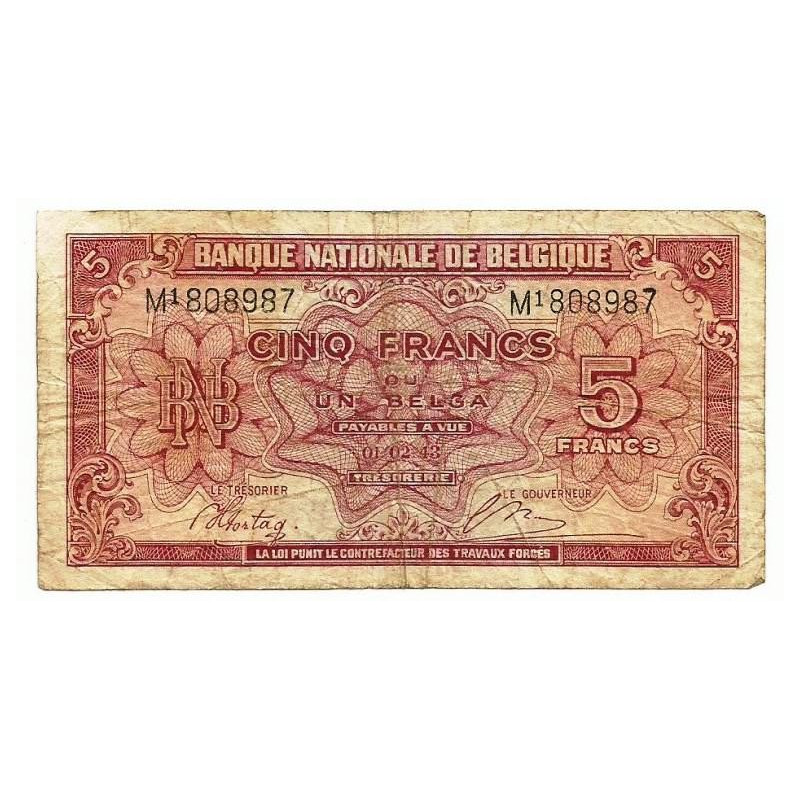 BELGIQUE : Billet de 5 Francs / 1 Belga - 1943
