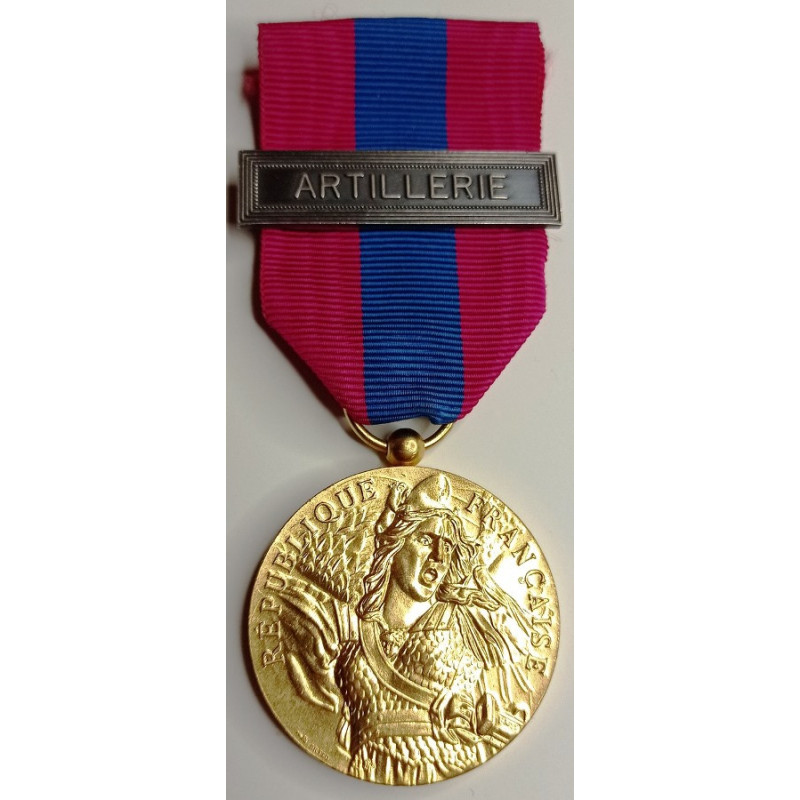 Médaille Défense Nationale "Bronze" 2ème Type doré + agraphe "Artillerie" 1er Type Médaille Défense Nationale "Bronze" 2ème Type doré + agraphe "Artillerie" 1er Type