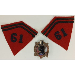 Insigne + Paire de Pattes de Col Modèle 1938 du 61ème Régiment d'Artillerie - Guerre 39/40