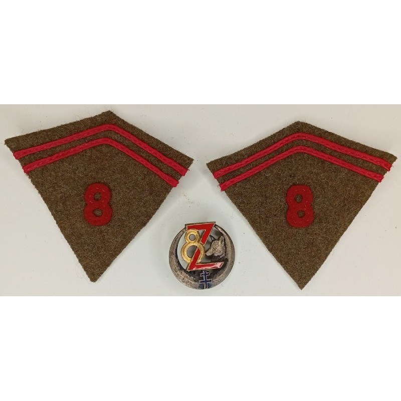 Insigne + Paire de Pattes de Col Modèle 1938 du 8ème Régiment de Zouaves - Guerre 39/40 Insigne + Paire de Pattes de Col Modèle 1938 du 8ème Régiment de Zouaves - Guerre 39/40