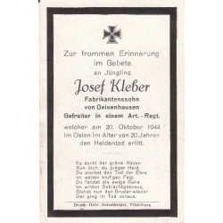 Avis de Décès : Caporal Artillerie Josef Kleber
