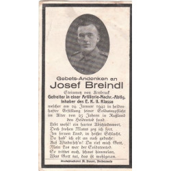 Avis de Décès : Caporal d'Artillerie Josef Breindl 