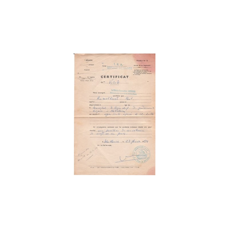 Certificat de Visite d'un gendarme au Service de Santé du 1er Régiment d'Artillerie