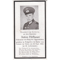 Avis de Décès : Canonier Anton Hofbauer