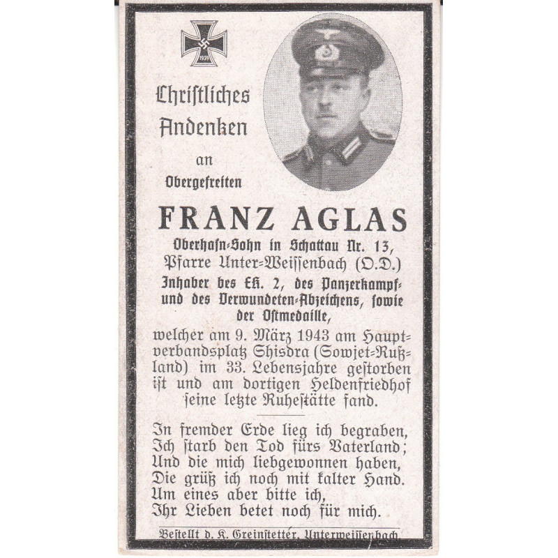 Avis de Décès : Caporal-chef de Panzer Franz Aglas