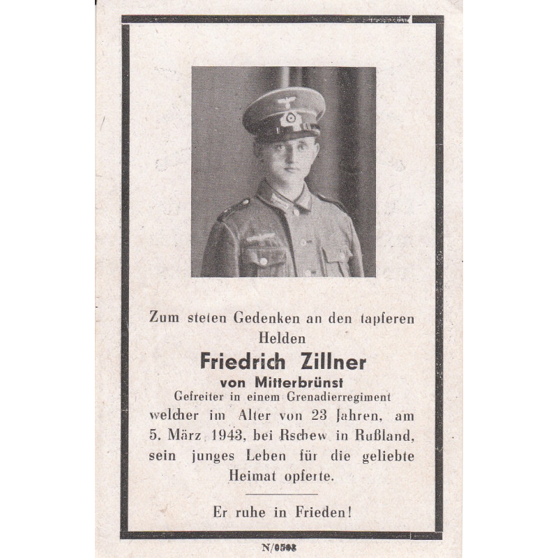 Avis de Décès : Caporal de Grenadiers Friedrich Zillner