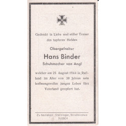Avis de Décès : Caporal-chef Hans Binder