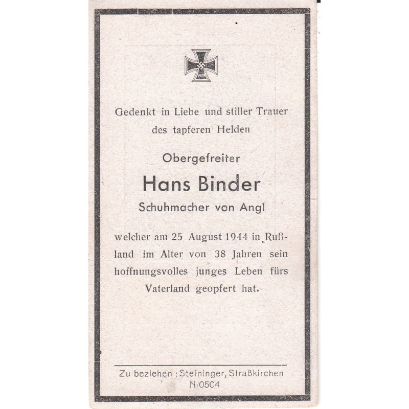 Avis de Décès : Caporal-chef Hans Binder