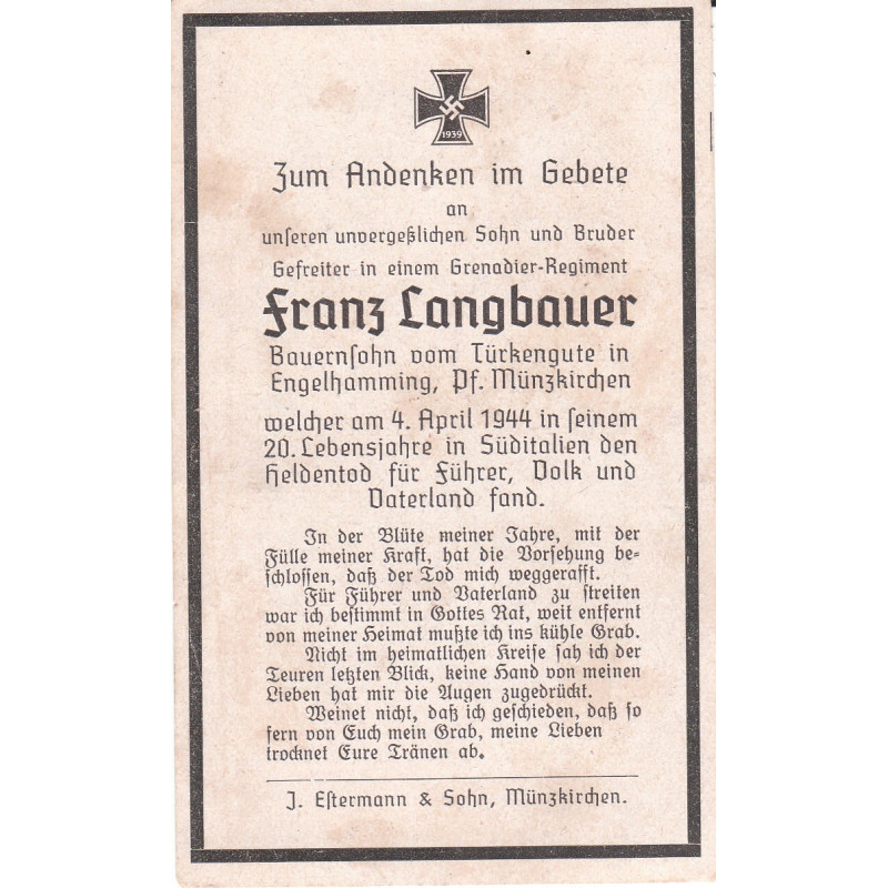 Avis de Décès : Caporal de Grenadiers Franz Langbauer