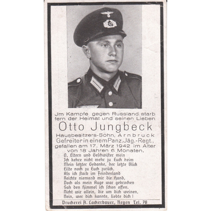 Avis de Décès : Caporal de Panzerjäger Otto Jungbeck