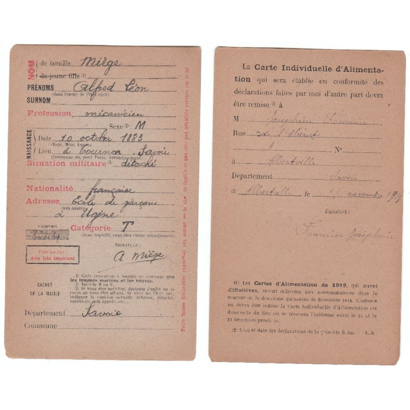 Carte Individuelle d'Alimentation attribuée - Ville d'Alberville - 1918