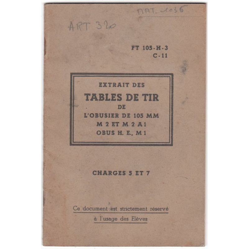 Extrait Tables de Tir Obusier de 105mm M2 et M2A1 - Obus H.E. M1