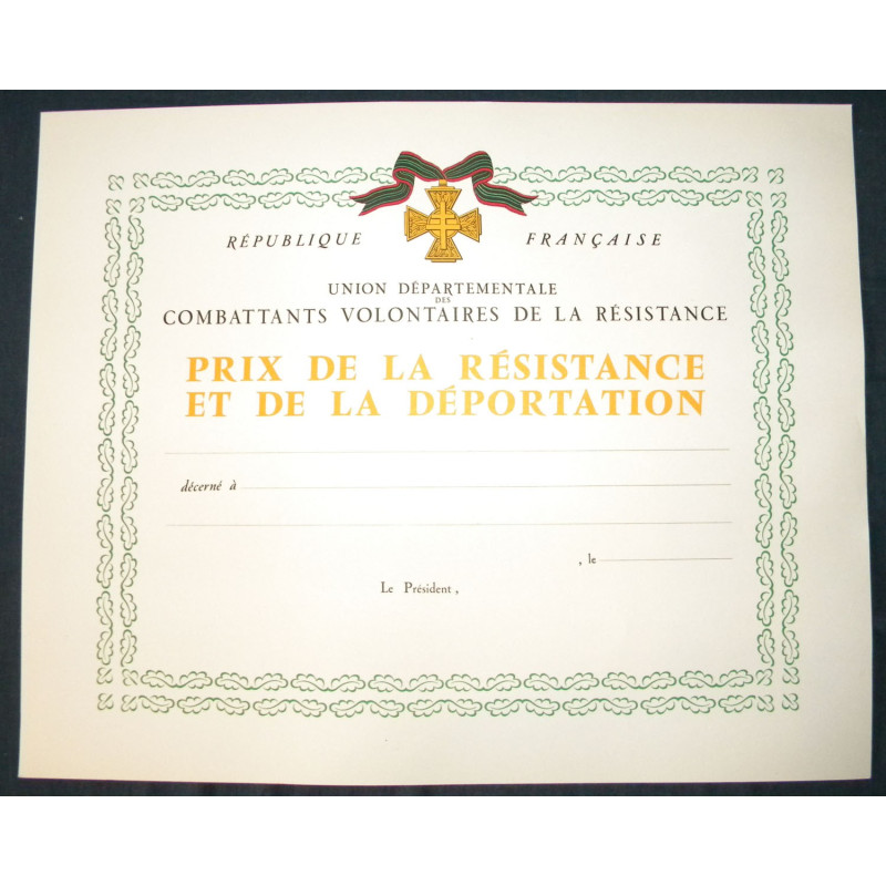 Diplôme vierge du Prix de la Résistance et de la Déportation